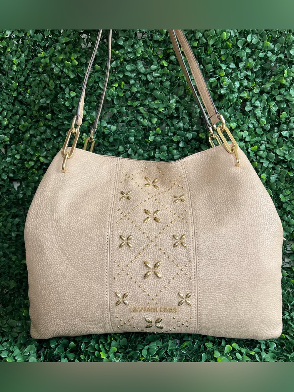 MICHAEL KORS Beige Raven Selma Floral Shoulder Bag Tote Bedford Astor Nolita